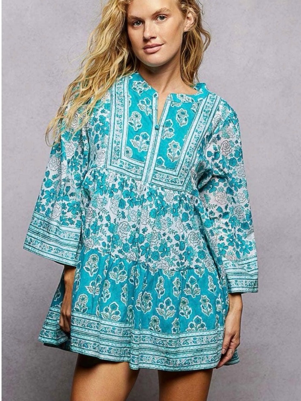 POL Turquoise Floral Tiered Mini Dress